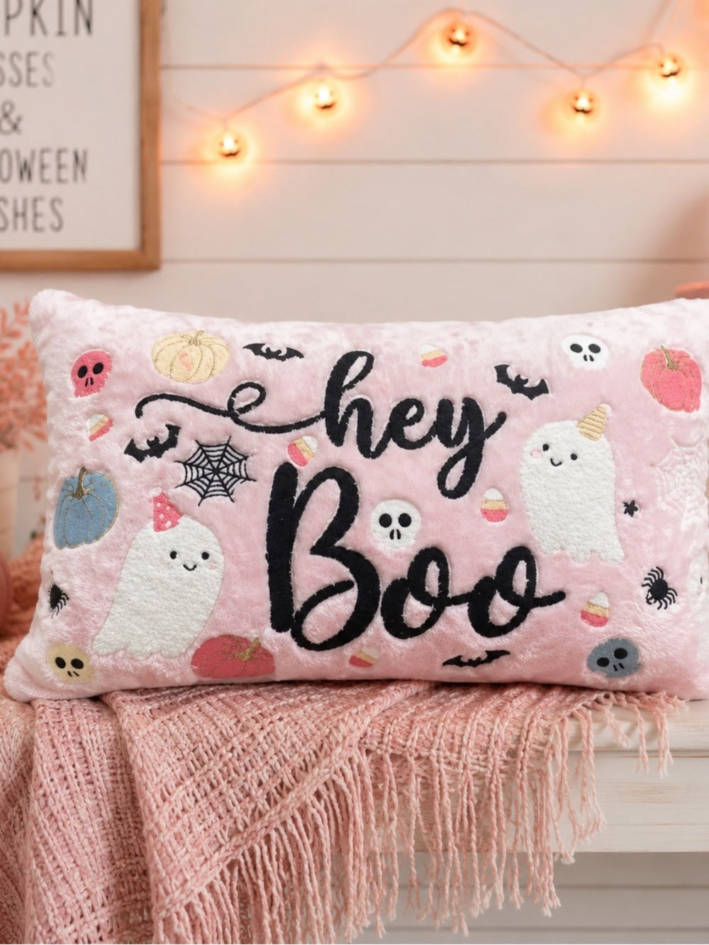 NWT Viral Hey Boo Pink Halloween Plush Throw Pillow – Super Cute Summerween